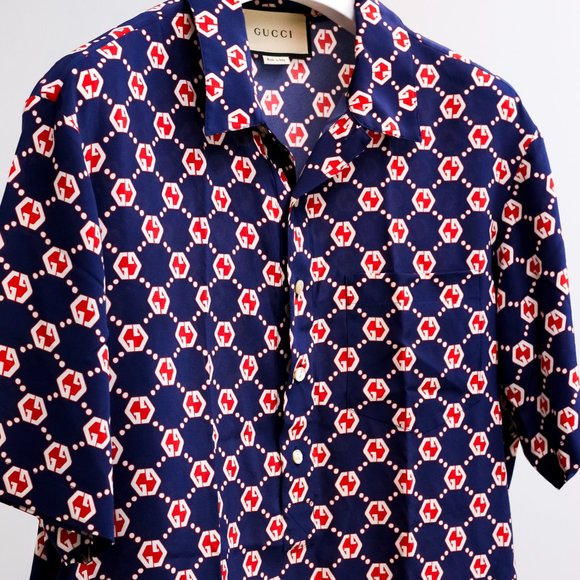 Gucci Navy and Red Monogram Silk Shirt - Picture 4 of 16
